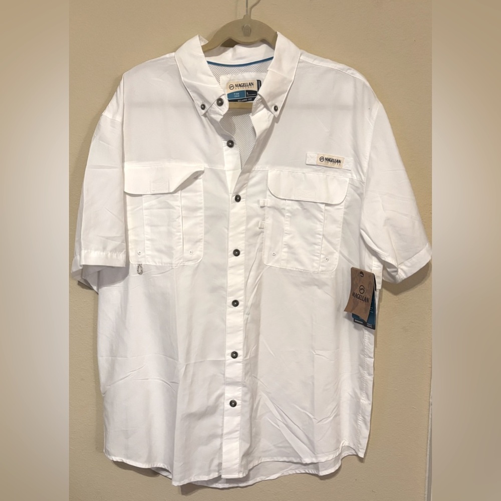 NWT Magellan Outdoors Fish Gear Angler Fit Mens Button Up Shirt, Size L White